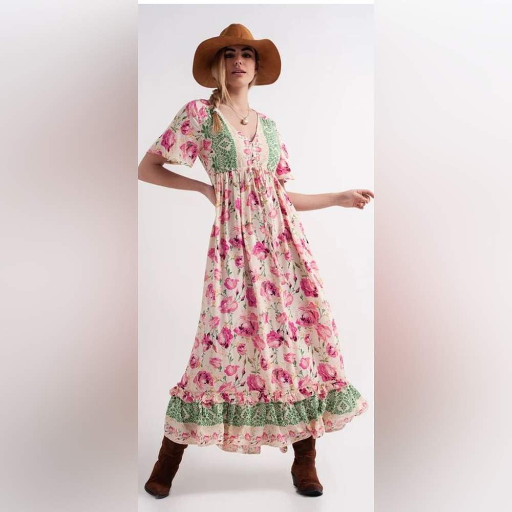 Spring Floral Boho Western Buttons Pink Green Flutter Sleeve Maxi Dress M